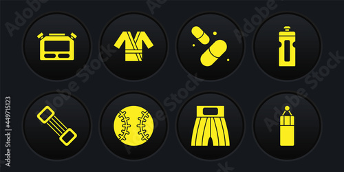 Set Chest expander, Fitness shaker, Baseball ball, Boxing short, Vitamin pill, Japanese costume Kimono, Punching bag and Stopwatch icon. Vector