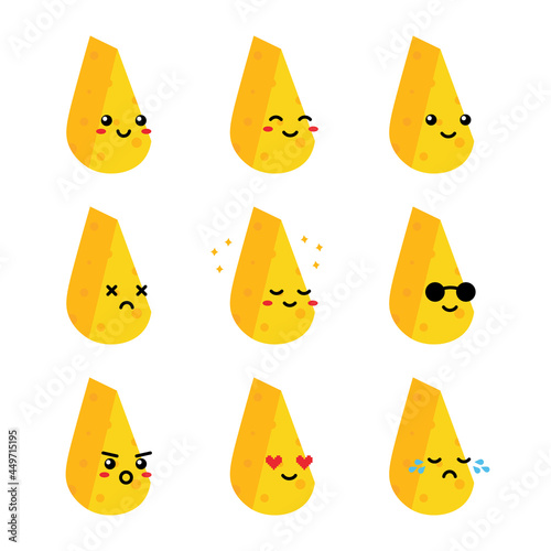 Set, collection, pack of cheese emoji, vector cartoon style icons of cheese chunks, dairy products characters with different facial expressions, happy, sad, shining, joyful.