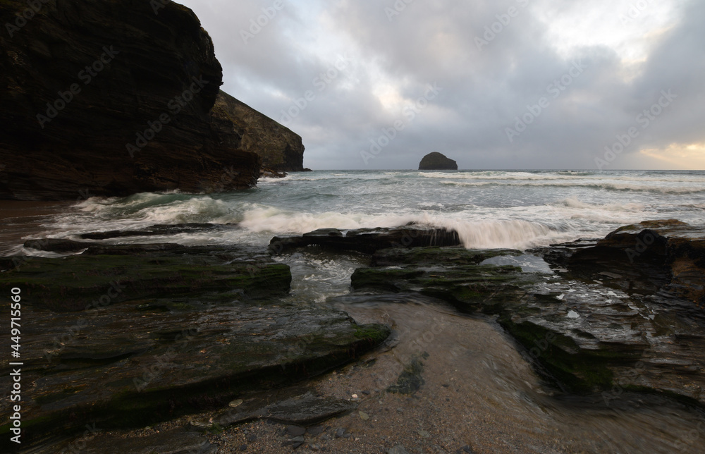 Trebarwith Strand, North Cornish Coast under stormy skies
