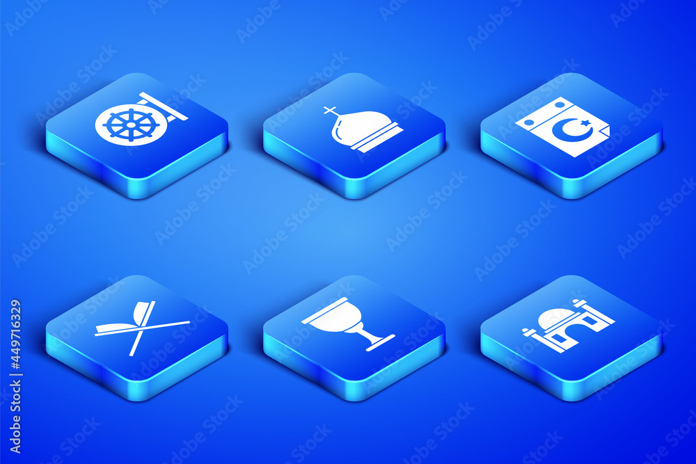 Set Muslim Mosque, Dharma wheel, Holy grail or chalice, book of Koran, Church tower and Star and crescent icon. Vector Set Muslim Mosque, Dharma wheel, Holy grail or chalice, book of Koran, Church tower and Star and crescent icon. Vector