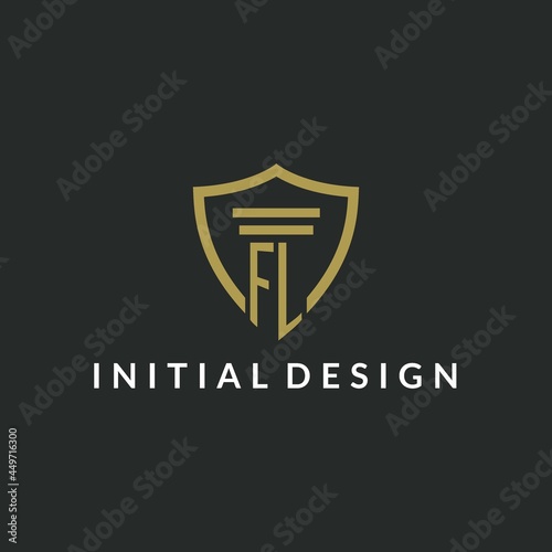 FL initial monogram logo with pillar and shield style design