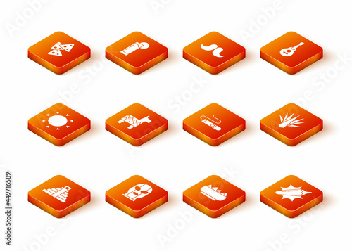 Set Chichen Itza in Mayan, Mexican wrestler, Sun, Pinata, Nachos bowl, Cigar, Hot chili pepper pod and Agave icon. Vector