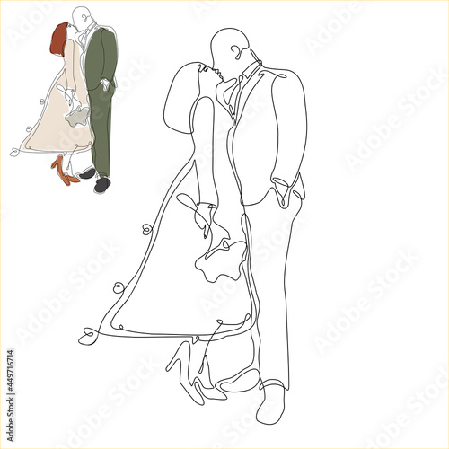 one continuous line art drawing of couple. Characters of bride and groom or husband and wife. Silhouettes of the newlyweds. concept greeting card, wedding,  love, celebration, romance, Valentine's Day