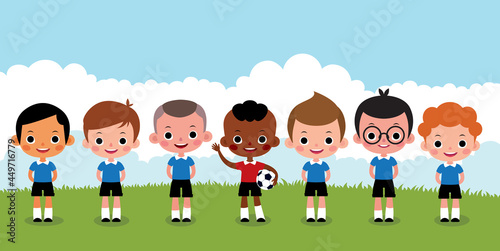 Children boys soccer team. Kids dressed in sports football uniforms. Vector illustration