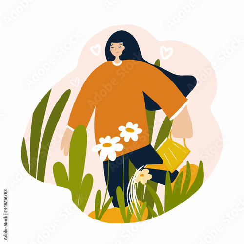 Woman watering plants in the garden, the concept of love for nature, taking care of the planet earth. Flat cartoon vector illustration.