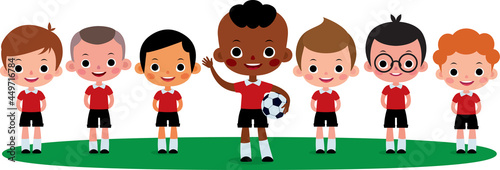 Children football team of boys in soccer uniform. Group of kids soccer players. Vector cartoon illustration.
