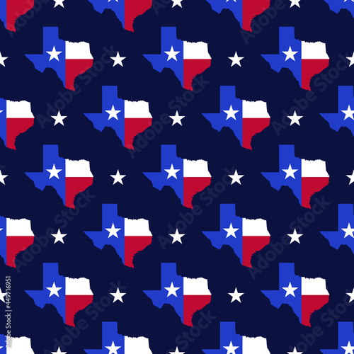 The flag and map of the state of Texas in the red,, white and blue colors on dark navy background. Seamless repeat vector pattern with Texas flag and the Lone Star symbol.