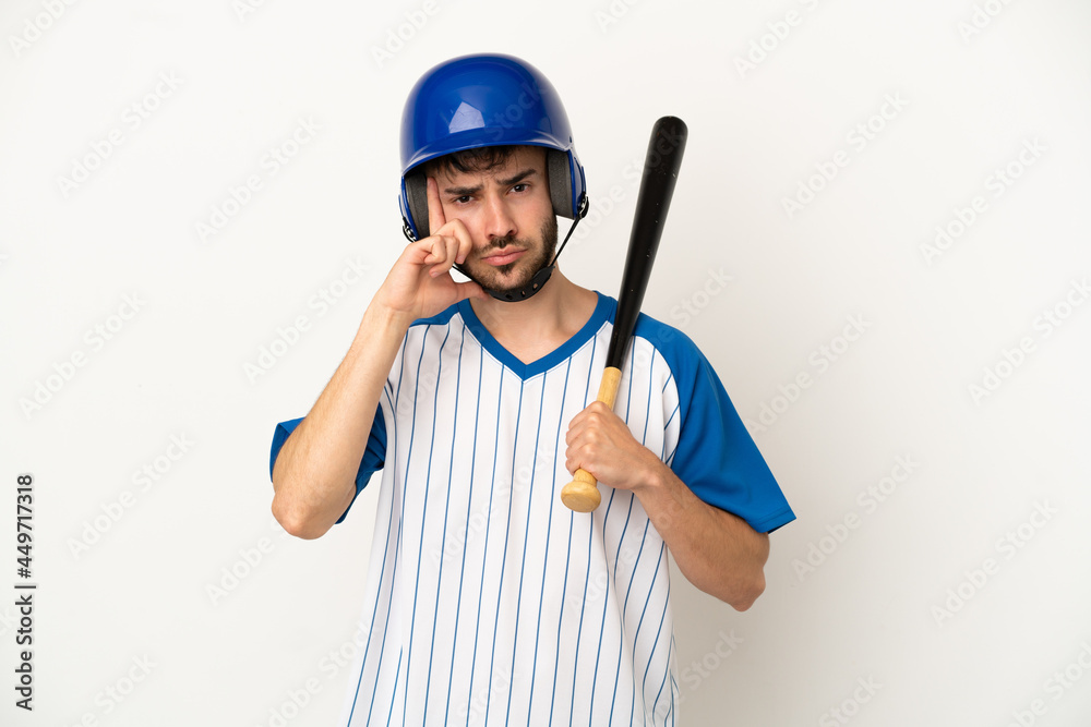 Young caucasian man playing baseball isolated on white background thinking an idea Young caucasian man playing baseball isolated on white background thinking an idea