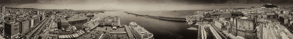 Aerial view of Naples port from drone in summer season, Campania - Italy.