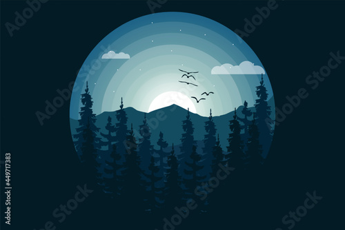 T-shirt nature jungle mountain night beautiful style illustration