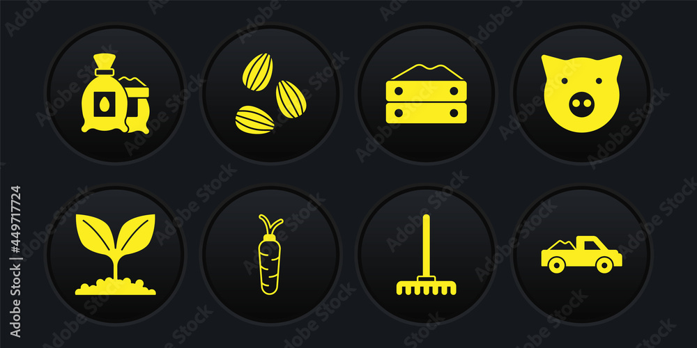 Set Plant, Pig, Carrot, Garden rake, Bag of flour, Seeds, Pickup truck and Pack full seeds plant icon. Vector Set Plant, Pig, Carrot, Garden rake, Bag of flour, Seeds, Pickup truck and Pack full seeds plant icon. Vector
