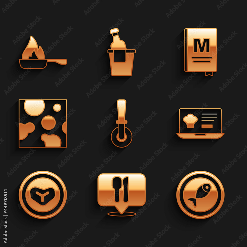 Set Pizza knife, Cafe and restaurant location, Served fish plate, Online ordering delivery, Steak meat, Cheese, Restaurant cafe menu and Frying pan icon. Vector Set Pizza knife, Cafe and restaurant location, Served fish plate, Online ordering delivery, Steak meat, Cheese, Restaurant cafe menu and Frying pan icon. Vector