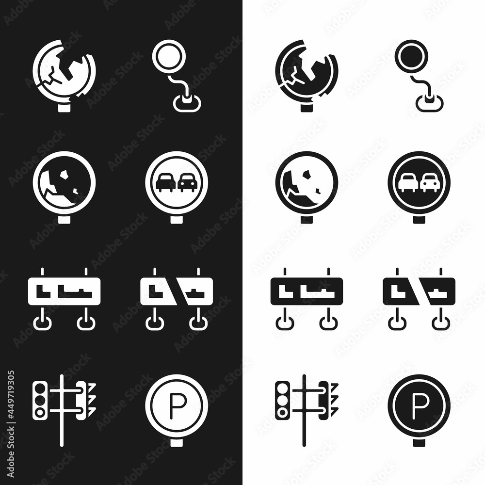 Set No overtaking road traffic, Road warning rockfall, sign, Parking and Traffic light icon. Vector Set No overtaking road traffic, Road warning rockfall, sign, Parking and Traffic light icon. Vector