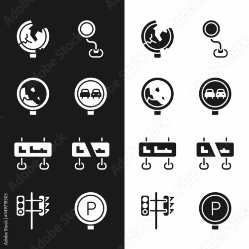 Set No overtaking road traffic, Road warning rockfall, sign, Parking and Traffic light icon. Vector