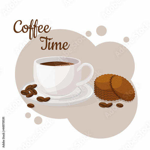 Cup of coffee and pepparkakor. Coffee time concept. Isolated hand drawn vector illustration of cute breakfast food. 