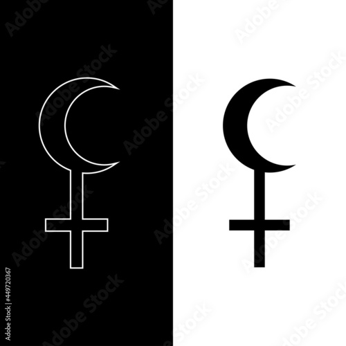 Lilith Black Moon sign icon. False mock moon, demon goddess. Wicca isolated icon in black with white outline. Esotericism, witchcraft. Vector illustration on white and black background