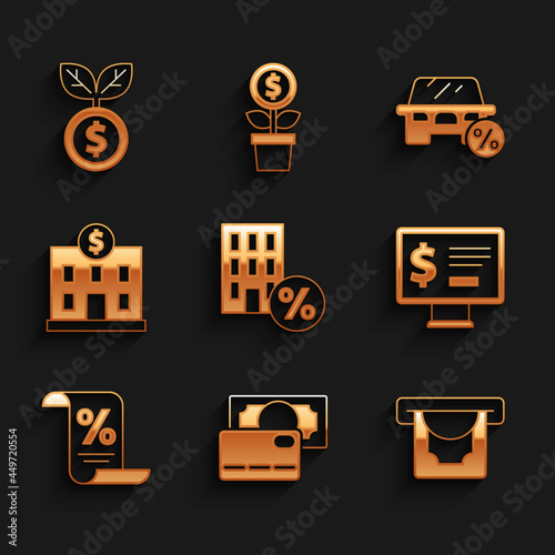 Set House with percant discount, Credit card, ATM and money, Monitor dollar, Finance document, Bank building, Car leasing percent and Dollar plant icon. Vector