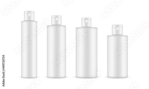 Set of Various Sizes Cosmetic Bottles Mockups Isolated on White Background. Vector Illustration