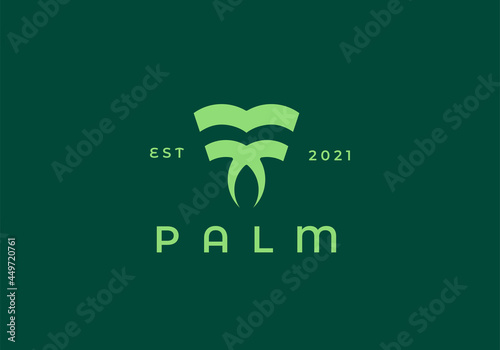 Abstract vector palm tree fountain building finance logotype. Universal luxury palm harvest park spa beach logo

