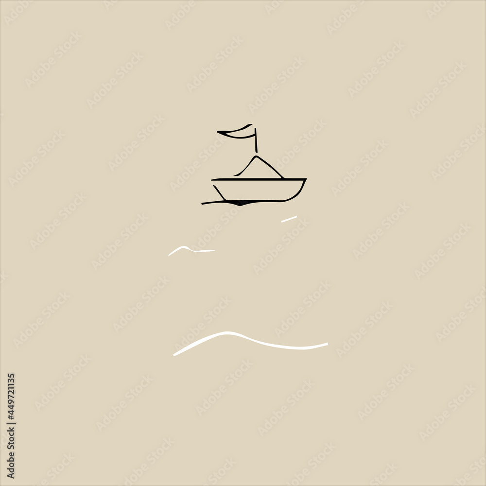 A ship with a sail on the sea. Drawing, vector illustration. 