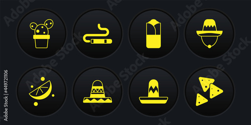 Set Sliced lime, Mexican sombrero, Burrito, Cigar, Nachos and Cactus or succulent in pot icon. Vector
