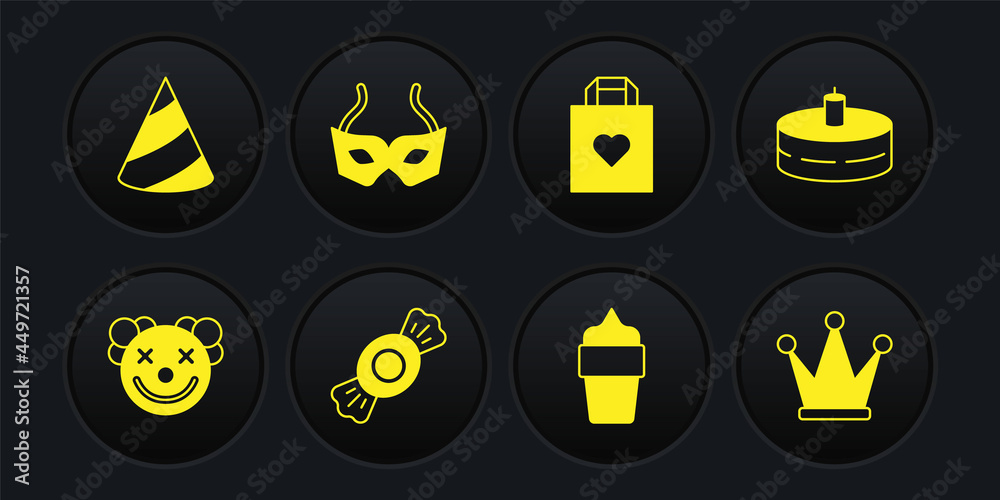 Set Clown head, Cake with burning candles, Candy, Ice cream waffle cone, Shopping bag heart, Festive mask, Crown and Party hat icon. Vector Set Clown head, Cake with burning candles, Candy, Ice cream waffle cone, Shopping bag heart, Festive mask, Crown and Party hat icon. Vector
