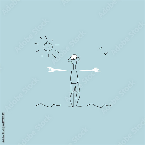 The guy is resting on the beach. Drawing of a guy and a wave. 