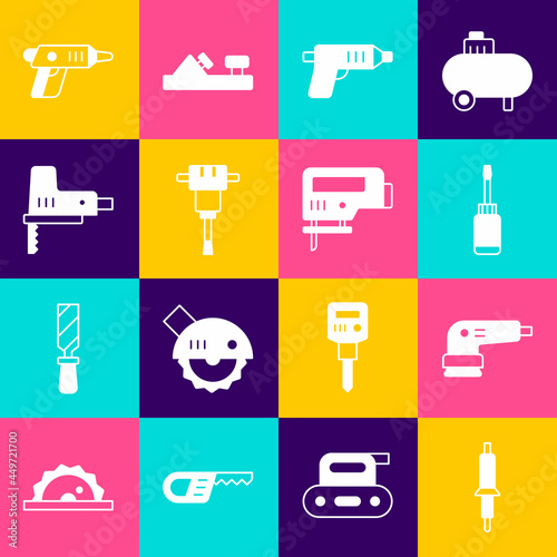 Set Soldering iron, Electric sander, Screwdriver, cordless screwdriver, Construction jackhammer, jigsaw, and icon. Vector