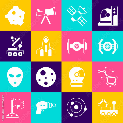 Set Mars rover, Great Bear constellation, Cosmic ship, Satellite, Rocket, Asteroid and icon. Vector