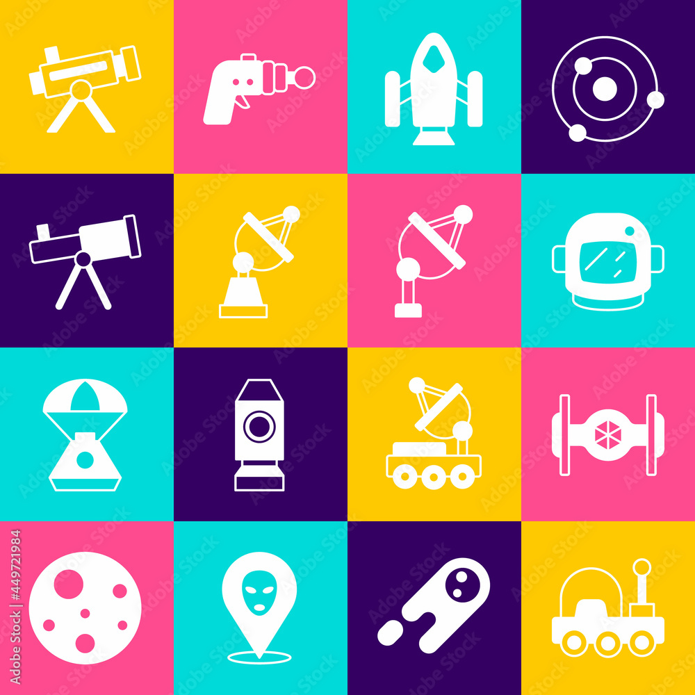 Set Mars rover, Cosmic ship, Astronaut helmet, Rocket, Satellite dish, Telescope, and icon. Vector Set Mars rover, Cosmic ship, Astronaut helmet, Rocket, Satellite dish, Telescope, and icon. Vector