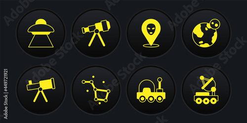 Set Telescope, Earth globe, Great Bear constellation, Mars rover, Alien, and UFO flying spaceship icon. Vector