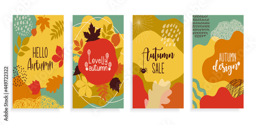 Set abstract autumn backgrounds banner for social media stories.Colorful banners with autumn fallen leaves and yellowed foliage. Use for event invitation  discount voucher  advertising.Vector eps 10