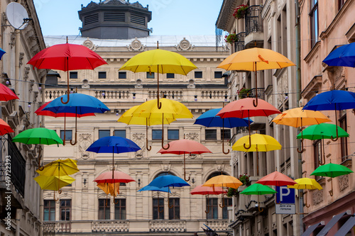 Street decorated with colored umbrellas © eliosdnepr