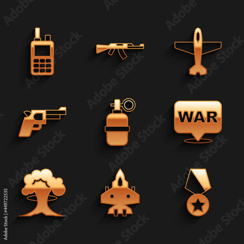 Set Hand grenade, Jet fighter, Military reward medal, The word, Nuclear explosion, Pistol gun, Plane and Walkie talkie icon. Vector