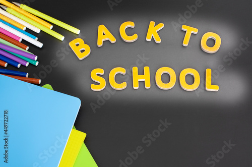 Back to school. Layout of school supplies. View from above.