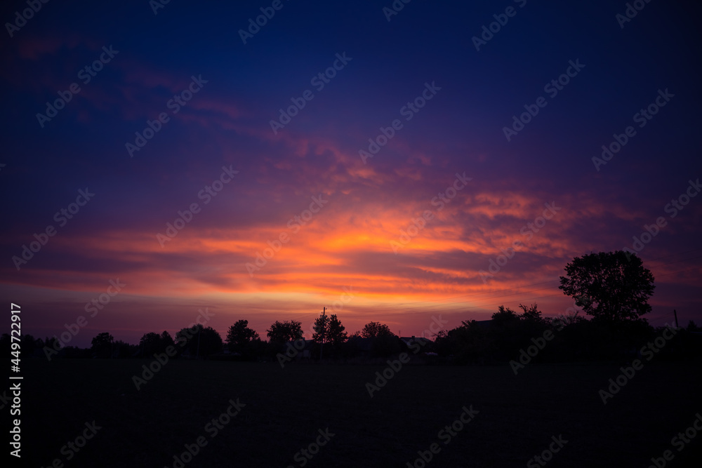 A beautiful rural summer morning landscape in cool tones. Summertime scenery of Northern Europe.