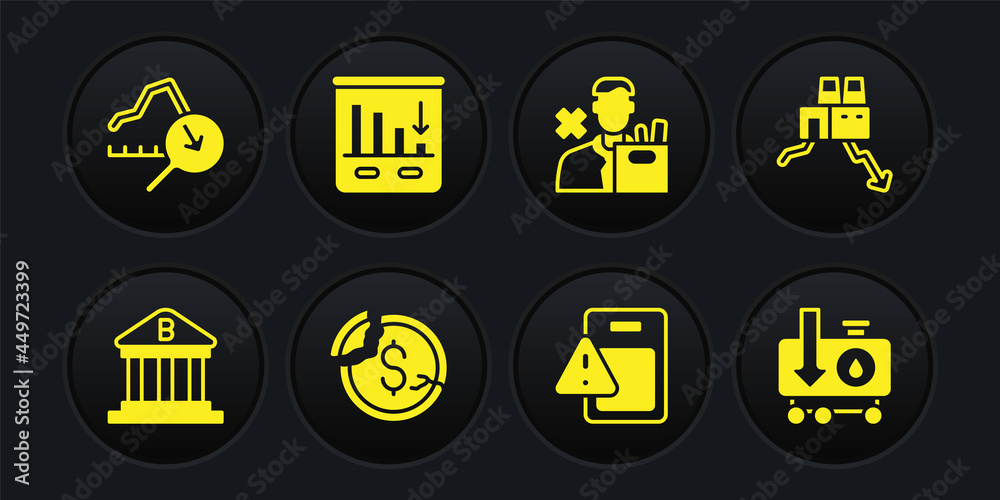 Set Bank building, Shutdown of factory, Dollar rate decrease, Global economic crisis, Employee dismissal, Pie chart infographic, Drop crude oil price and icon. Vector Set Bank building, Shutdown of factory, Dollar rate decrease, Global economic crisis, Employee dismissal, Pie chart infographic, Drop crude oil price and icon. Vector