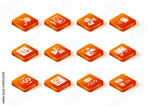 Set Dollar rate decrease, Pie chart infographic, Stop delivery cargo truck, Drop crude oil price, Employee dismissal, and Mobile stock trading icon. Vector