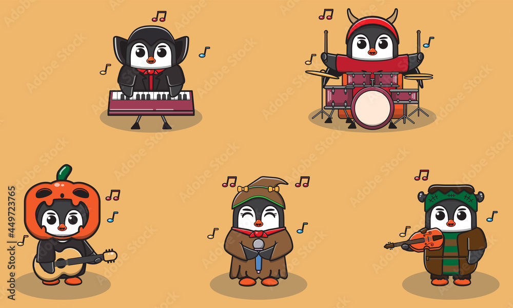 Vector illustration of Penguin Halloween. Penguin with costume play a musical instrument.
