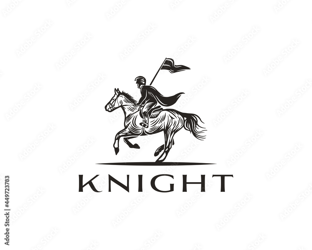 Horseback Knight Silhouette Logo. Horse Warrior Paladin Medieval logo design template