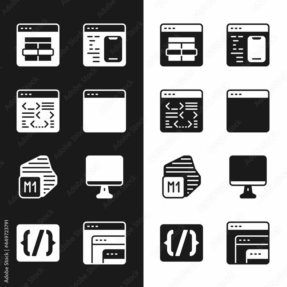 Set Browser window, Software, MySQL code, Processor, Computer monitor screen, and Programming language syntax icon. Vector Set Browser window, Software, MySQL code, Processor, Computer monitor screen, and Programming language syntax icon. Vector