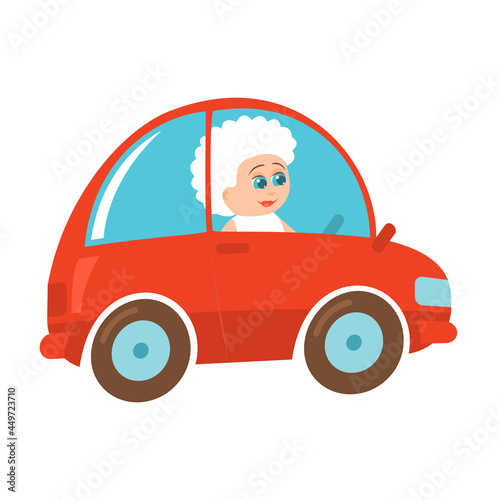 Elderly woman rides in a red car. Gray hair, a smile on his face. Active seniors. Vector cartoon illustration