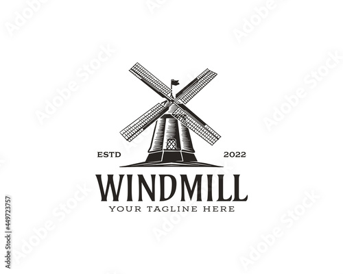 Vintage Rustic Windmill Logo Vector Illustration. Bakery Emblem Design on White Background
