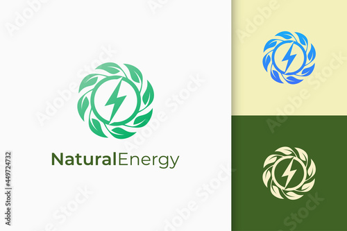 Flower or power logo in leaves and lightning shape for technology