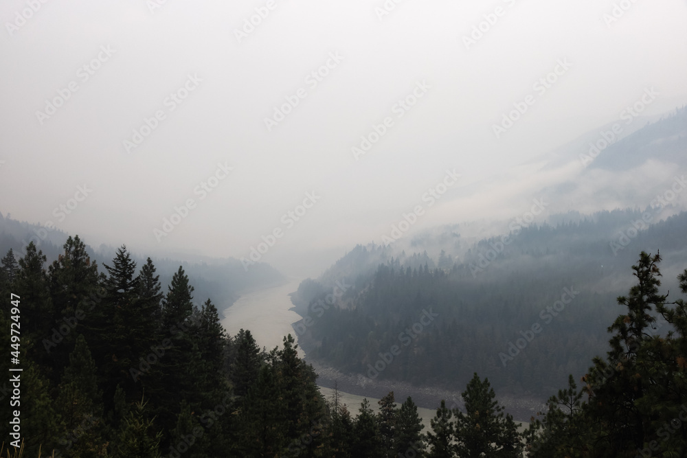 Trees on the side of a mountain in a valley covered by smoke from Forest Wildfire. Nature Disaster. Lytton, British Columbia, Canada.