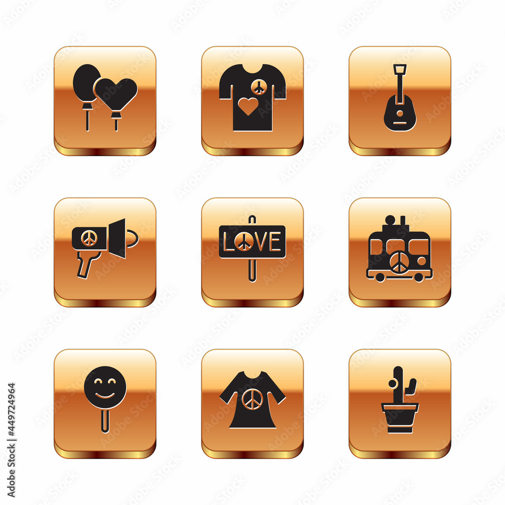 Set Balloons, Smile face, Peace dress print stamp, Megaphone, Guitar, Cactus and t-shirt icon. Vector Set Balloons, Smile face, Peace dress print stamp, Megaphone, Guitar, Cactus and t-shirt icon. Vector