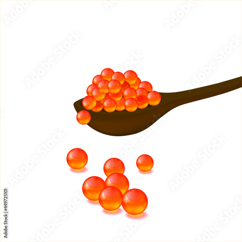 Red caviar in spoon on a white background. Gourmet food close up, appetizer. Vector illustration isolated on a white background