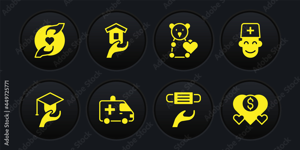 Set Education grant, Male doctor, Ambulance car, Medical protective mask, Donate child toys, Shelter for homeless, Donation and charity and Pleasant relationship icon. Vector Set Education grant, Male doctor, Ambulance car, Medical protective mask, Donate child toys, Shelter for homeless, Donation and charity and Pleasant relationship icon. Vector