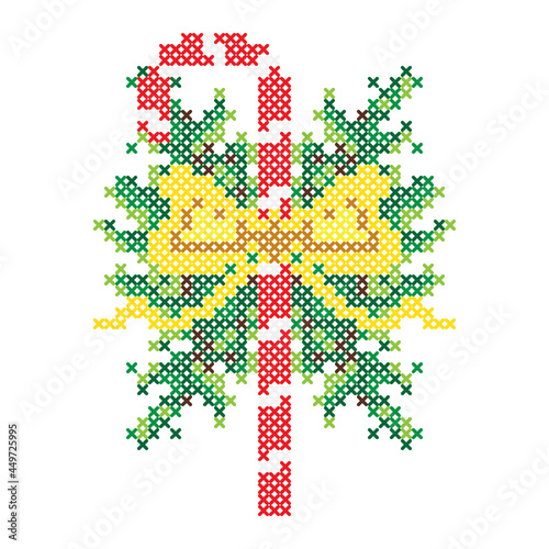 Christmas embroidery, cross stitch ornament. Candy cane, Christmas tree, vector.