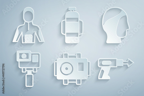 Set Photo camera for diver, Diving hood, Action extreme, Fishing harpoon, Aqualung and Wetsuit scuba diving icon. Vector